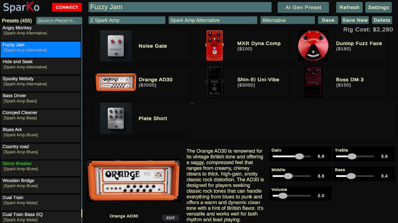 SparKo main window: preset library, signal chain and pedal knobs