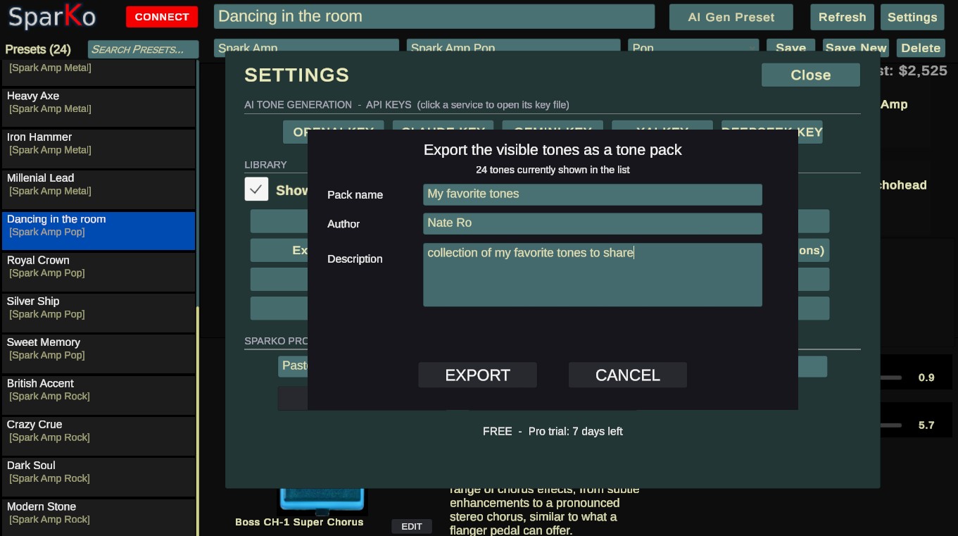 Export pack dialog