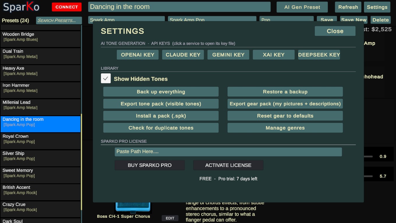 Settings panel